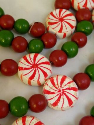 Vintage Wood Bead Christmas Garland Red Green Peppermint Candy Aprox 9ft 3