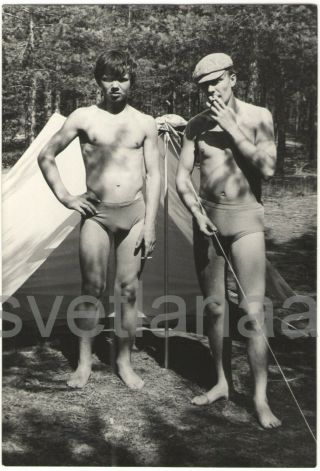 Summer Trip Two Guys Smoking Young Men Shirtless Swim Trunks Gay Vintage Photo
