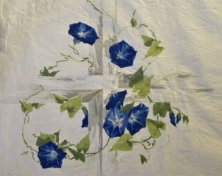 Vtg Blue Morning Glory Sturdy Cotton Tablecloth 50s Floral Flower Print 54x68