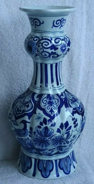 Antique 18th Century Dutch Delft Blue White Large Vase Bird Flower