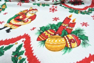 Vintage Mcm Christmas Tablecloth 113 " X 60 " Santa Tree Ornament Scalloped Kitsch