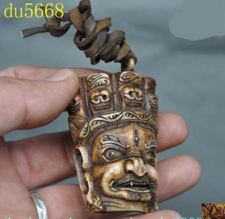 Tibetan temple Old cattle bone carved Mahakala god Buddha head amulet Pendant 3
