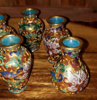 Set Of 6 Miniature 2” Vintage Chinese Cloisonne Vases Enamel Flowers Gold Metal