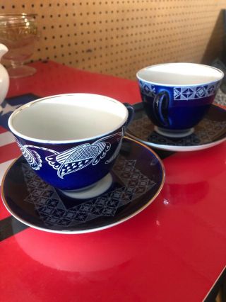 2 Vintage Russian Made Tea Cups Snd Saucers Cobalt Blue And White With Gold Trim