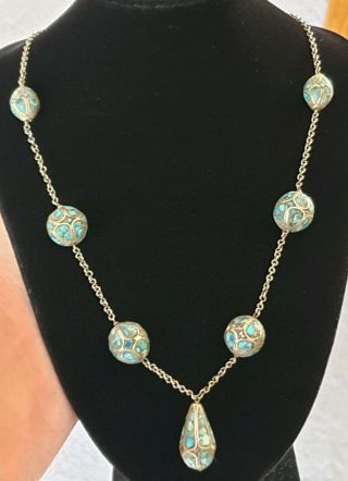 Vintage Edwardian Jewellery Stunning Turquoise Beaded Silver Necklace