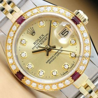 Rolex Ladies Datejust Champagne Dial 18k Yellow Gold Diamond Ruby & Steel Watch