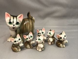 Vintage Porcelain Cat With 6 Kittens On Chain,  Hand - Painted 3 " G Nov.  Co.  Japan