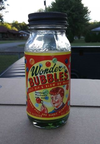 Vintage Rare 1953 Wonder Bubbles Glass Bottle With Paper Label Black Cap