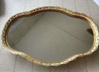 Vintage Vanity Boudoir Mirrored Tray Filigree Edge 17” L Gold Edge.