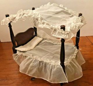 Vintage 1970s Dark Wood Fashion Doll Canopy Bed With White Bedding 1:6 Scale