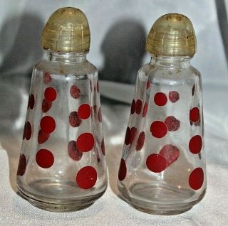 Vintage Mid Century Mcm Anchor Hocking Glass Clear/red Polka Dot S&p Shaker Set