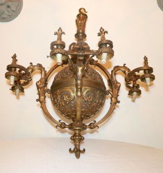 Huge Antique Victorian Ornate Figural Griffin Bronze Glass Chandelier Fixture