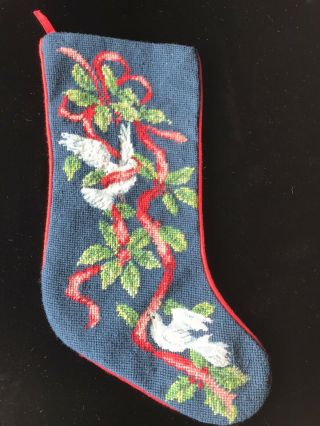 Vtg Petite Needlepoint Flannel Back Christmas Stocking Wool Holiday Doves 10x17 "