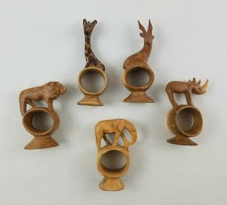 Vtg 5 Ct.  Hand Carved Wooden Napkin Ring Holders / African Animal Safari Kenya