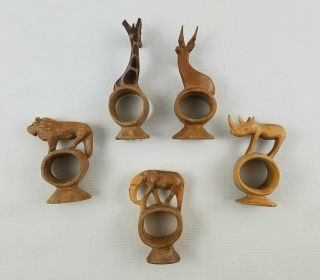 VTG 5 Ct.  Hand Carved Wooden Napkin Ring Holders / African Animal Safari Kenya 2