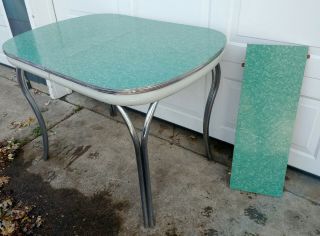 Vtg Mid Century Lloyd Turquoise - Green Chrome Dining Dinette Kitchen Table W/leaf
