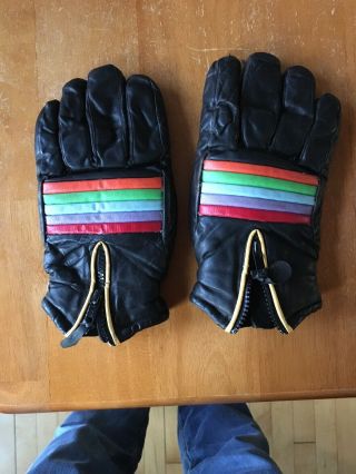 Vintage Black Kombi Leather Ski Gloves With Rainbow Trim