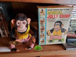 Vintage Daishin Musical Jolly Chimp Toy Monkey Box Tag Symbol Antique