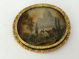 Antique Victorian 1860’s Pinchbeck Hand Painted Landscape Brooch 2”