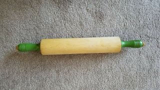 Vintage Signed Munising Rolling Pin Wood Wooden Green Paint Handles Cond