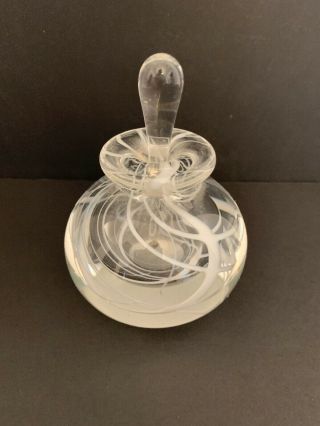 Vintage Glass Perfume Bottle Signed Clear White Swirl With Stopper 3 " H X 4 " H X 3