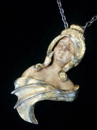 Vtg Rare Signed Razza Huge 4 " X 2.  5 " Art Noveau Lady Figural Necklace 20 " Chn