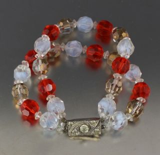 Vintage 50’s Multi 2 Strand Red,  Blue & Tan Crystal Glass Bead Bracelet