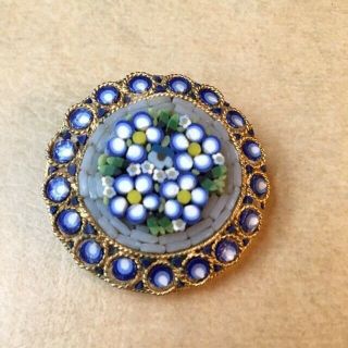 Vintage Micro Mosaic Glass Blue Flowers Brooch,  Made In Italy 1.  5” Wide