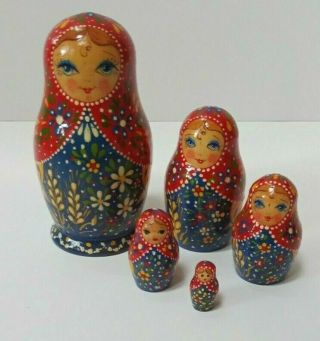 Vintage (1991) Russian Set of 5 Hand - Painted Wooden Nesting Dolls Signed 3