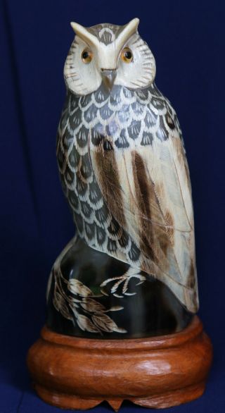Vintage Hand Carved Buffalo Horn Owl Sculpture On Wood Stand