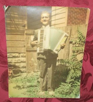 Cool Awesome Big 8 X 10 " Vintage Color Tinted Photo Of Man Playing Accordion