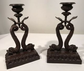 Maitland Smith Pair Vintage Patinated Bronze Chinese Dragon Candle Holders 12”