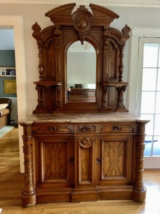 Antique Walnut Sideboard W/mirror & Brown Marble Circa1800 