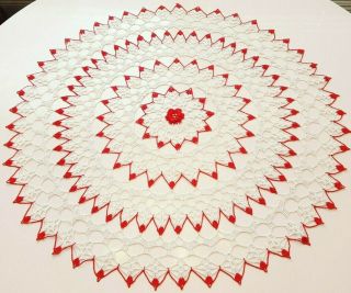 Vintage Hand Crocheted Red And White Round Rosette Doily Tablecloth 32 "
