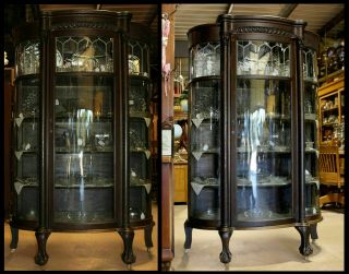 Antique Oak Leaded Curved Glass Curio China Cabinet Carved Heads Eagle Clawfeet