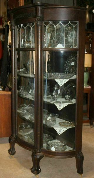 Antique Oak Leaded Curved Glass Curio China Cabinet Carved Heads Eagle Clawfeet 3