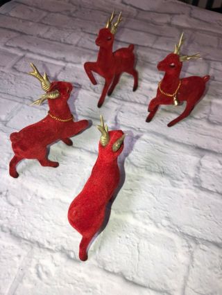 Rare Set Of 4 Vintage Christmas Red Flocked Velvet Deer Reindeer Small 6 "