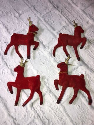 Rare Set of 4 Vintage Christmas Red Flocked Velvet Deer Reindeer Small 6 