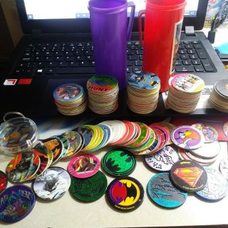 Vintage 1990`s Pogs Caps And Slammers Pog Batman Spawn Starwars And Containers