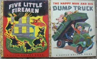 2 Vintage Little Golden Books Five Little Firemen,  Happy Man & His Dump Truck