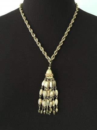 Vintage Crown Trifari Signed Tassel Pendant Gold Tone Chain Necklace - Unique