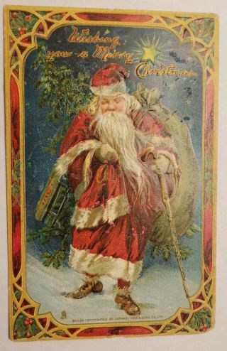 Vintage 1908 Tucks Postcard Santa Red Robe With Pack,  Sled & Walking Stick