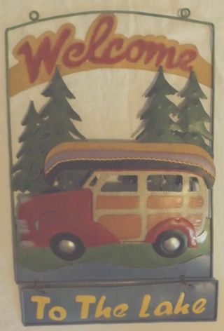 Welcome To The Lake Vintage Station Wagon Metal Wall Art Red/blue/green