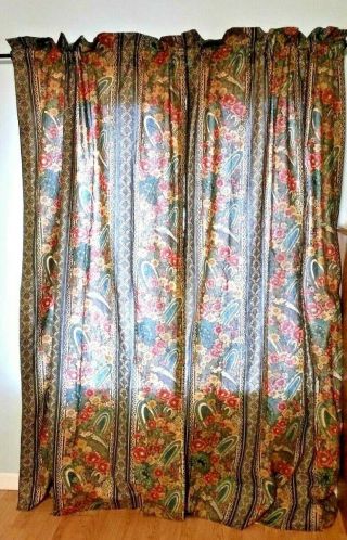Vintage Croscill Curtains Lined Pair 82” L Floral 100 Cotton Red Green On Tan