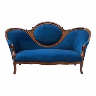 19th Century Antique Victorian Sofa Blue Upholstery Loveseat Settee Chaise Couch 2