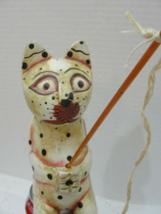 Vtg Wood Fishing Cat Sculpture Hand Carved Hand Painted Polka Dots With Fish