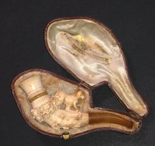 Fine Antique Hand Carved Meerschaum Figural Horse Smoking Pipe Leather Box