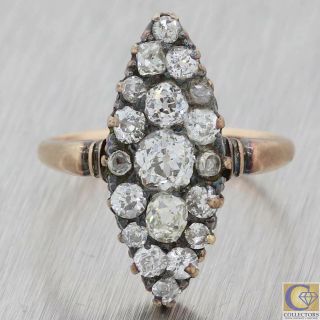 1880 Antique Victorian Solid 14k Yellow Gold 1.  50ctw Diamond Navette Ring A8