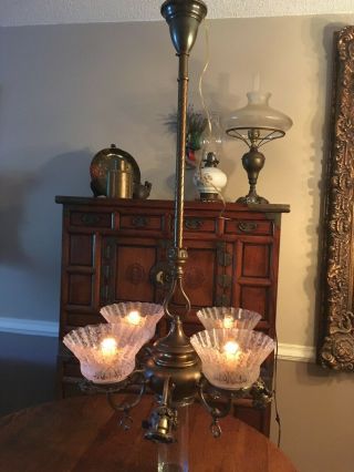 ANTIQUE Early 1900 ' s 4/4 GAS AND ELECTRIC CHANDELIER / FIXTURE 3