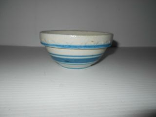 Tiny Old Antique Crock Bowl White With Blue Stripes